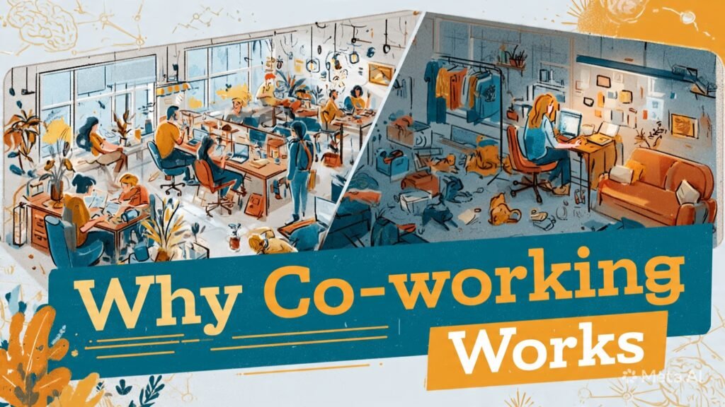 The science behind why co-working works — and why your home office never quite will: conceptual illustration contrasting co working and